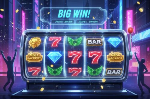 Slot online modern dengan gulungan berputar dan efek neon realistis