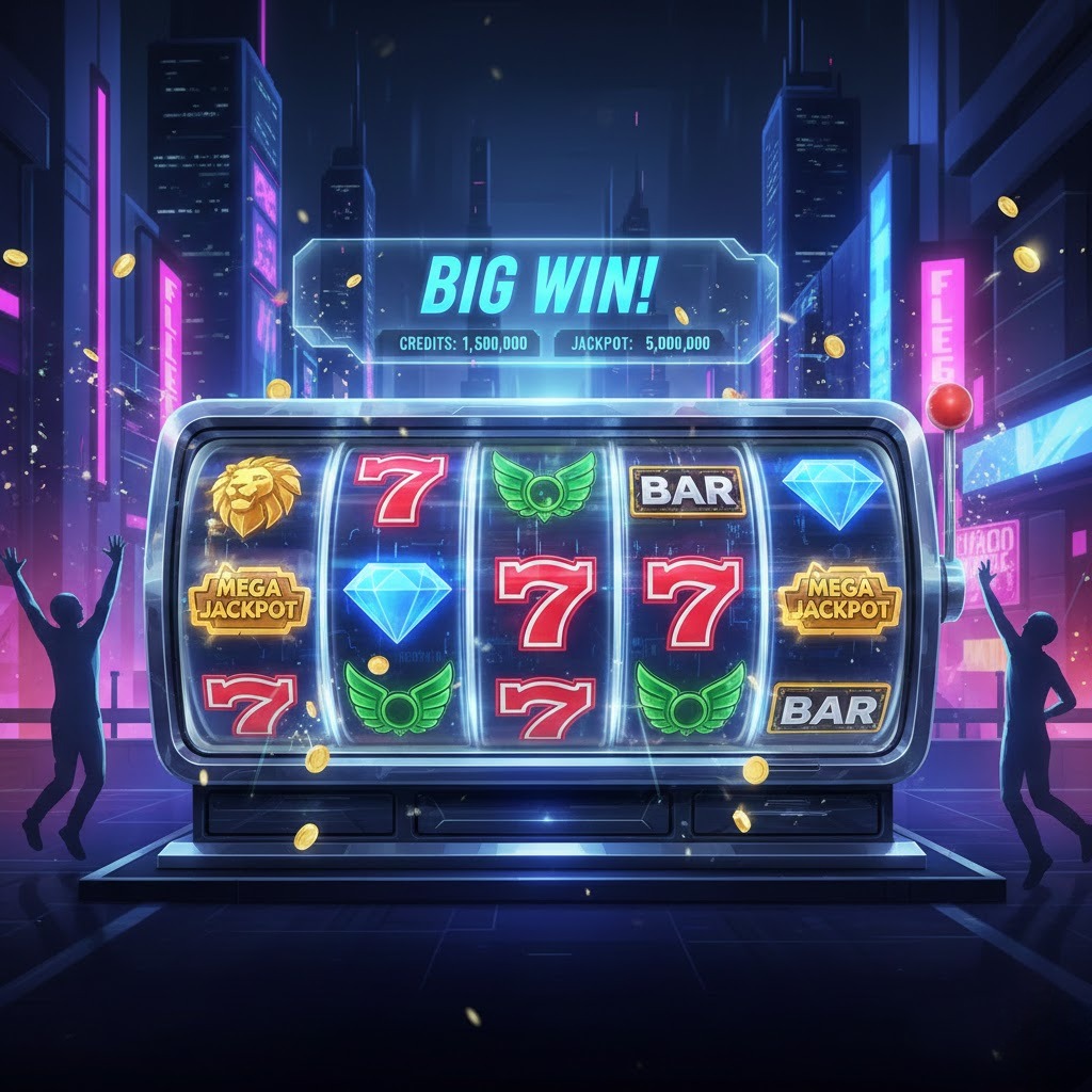 Slot online modern dengan gulungan berputar dan efek neon realistis