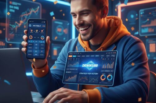 Pemain taruhan bola online memantau beberapa pertandingan mix parlay dengan smartphone dan laptop, fokus pada strategi dan kemenangan di Dewiku88