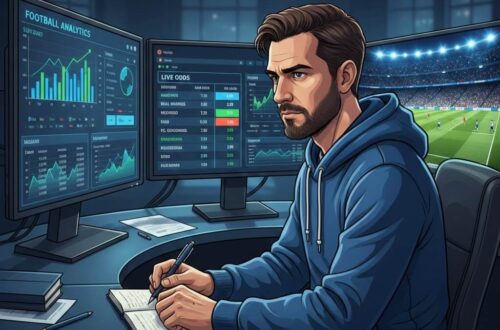 Bettor profesional menganalisis taruhan sepak bola, melihat grafik statistik dan monitor odds, tim bermain di stadion modern, dominan warna biru dan hijau, gaya realistis.
