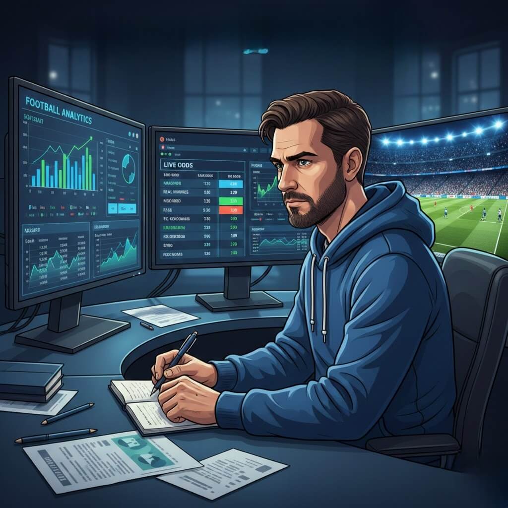 Bettor profesional menganalisis taruhan sepak bola, melihat grafik statistik dan monitor odds, tim bermain di stadion modern, dominan warna biru dan hijau, gaya realistis.